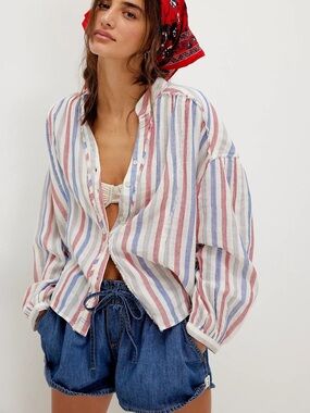 We The Free Red, Blue & White Striped Casual Button-Down